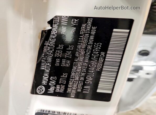 5NPLL4AG6MH049655 2021 HYUNDAI ELANTRA Белый Вид наклейки с VIN-кодом