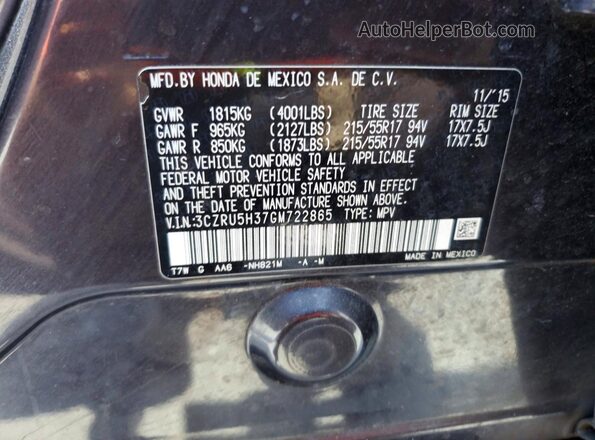 3CZRU5H37GM722865 2016 HONDA HR-V Gray Вид наклейки з VIN-кодом