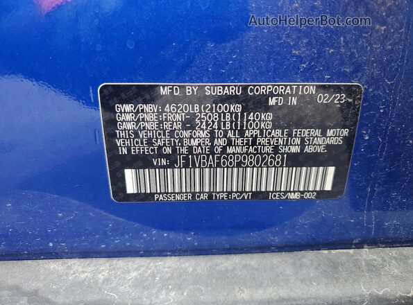 JF1VBAF68P9802681 2023 SUBARU WRX Синий Вид наклейки с VIN-кодом