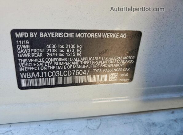 WBA4J1C03LCD76047 2020 BMW OTHER White Widok wnętrza 360 stopni
