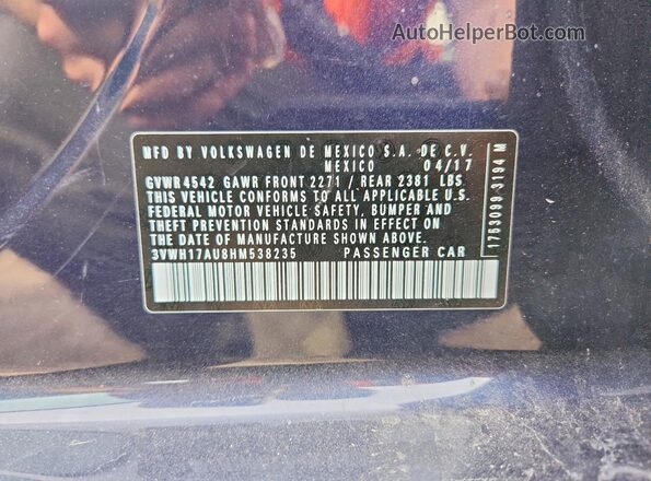 3VWH17AU8HM538235 2017 VOLKSWAGEN GOLF Синий Вид наклейки с VIN-кодом