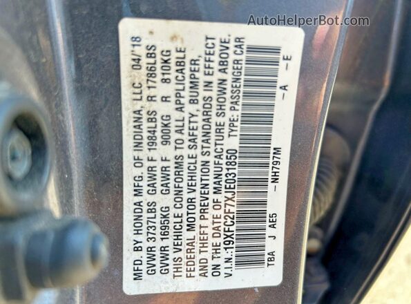 19XFC2F7XJE031850 2018 HONDA CIVIC Gray Rear interior view