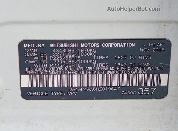 JA4AP4AW6HZ019647 2017 MITSUBISHI OUTLANDER Белый Вид наклейки с VIN-кодом
