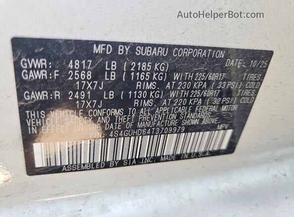 4S4GUHD64T3709979 2026 SUBARU CROSSTREK Белый Панорамный вид салона 360°