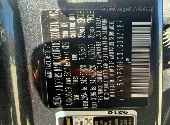 5XYP6DHC3LG037187 2020 KIA TELLURIDE Серый Вид задней части салона
