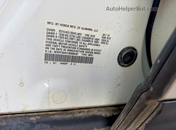 5FNYF5H57JB009487 2018 HONDA PILOT Белый Вид задней части салона