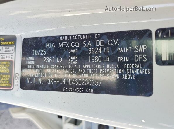 3KPFU4DE4SE230257 2025 KIA K4 White Вид наклейки з VIN-кодом