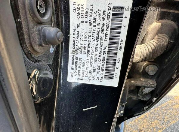 2HGFC1E54KH703743 2019 HONDA CIVIC Black Widok wnętrza z tyłu