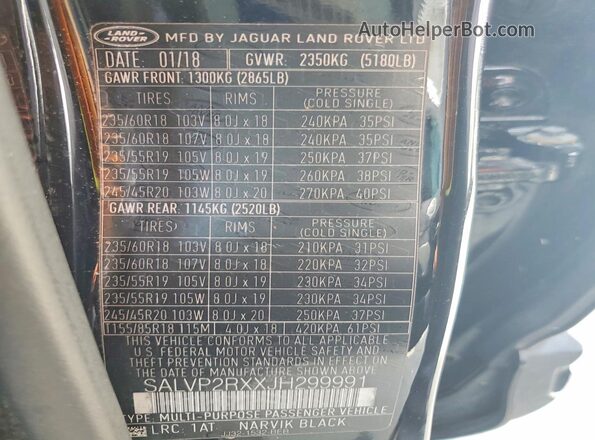 SALVP2RXXJH299991 2018 LAND ROVER RANGE Черный Панорамный вид салона 360°