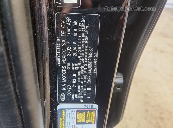 3KPF24AD6ME284387 2021 KIA FORTE Black Widok naklejki z numerem VIN