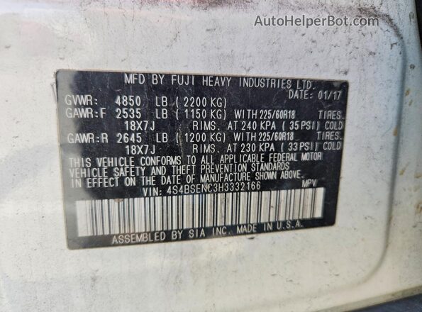 4S4BSENC3H3332166 2017 SUBARU OUTBACK Белый Панорамный вид салона 360°