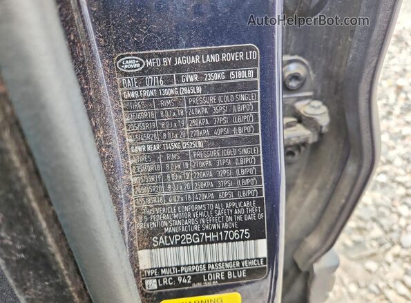 SALVP2BG7HH170675 2017 LAND ROVER RANGE Черный Панорамный вид салона 360°