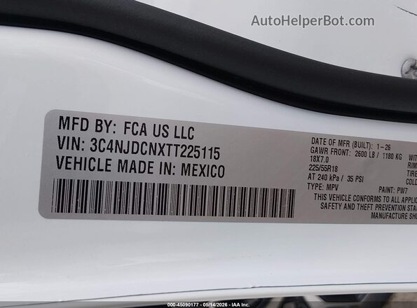3C4NJDCNXTT225115 2026 JEEP COMPASS White Widok komory silnika