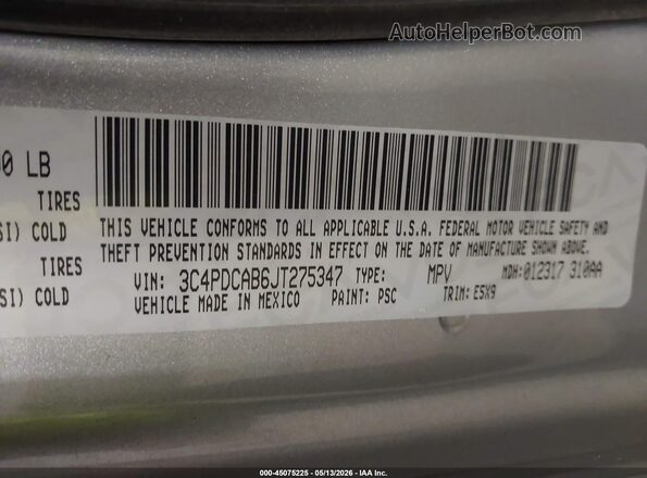 3C4PDCAB6JT275347 2018 DODGE JOURNEY Silver Vista del compartimento del motor