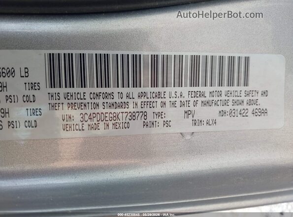 3C4PDDEG8KT738778 2019 DODGE JOURNEY Silver Vista del compartimento del motor