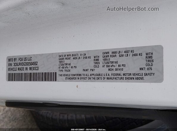 3C6LRVDG3SE504552 2025 RAM PROMASTER 2500 White Вид підкапотного простору