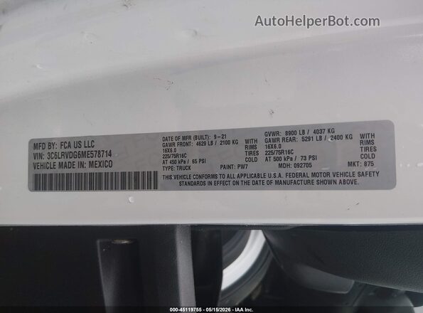 3C6LRVDG6ME578714 2021 RAM PROMASTER 2500 White Widok komory silnika