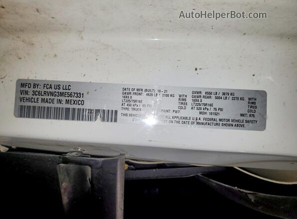 3C6LRVNG3ME567331 2021 RAM PROMASTER White VIN კოდის სტიკერის ხედი