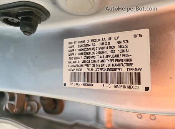 3CZRM3H39GG709781 2016 HONDA CR-V Silver VIN კოდის სტიკერის ხედი