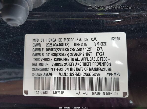 3CZRM3H52GG704276 2016 HONDA CR-V Черный Вид подкапотного пространства