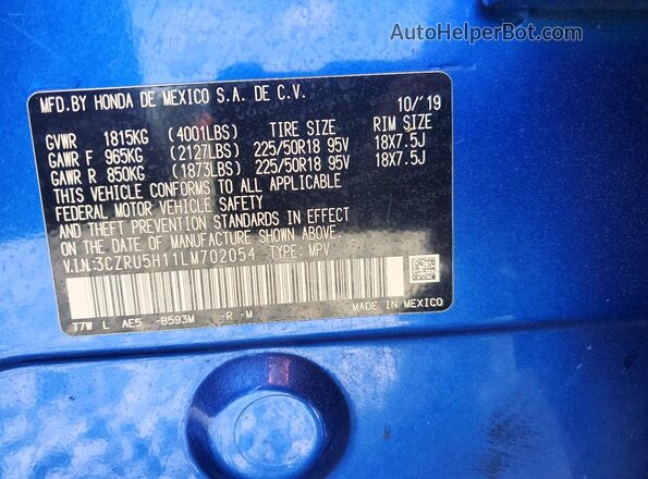 3CZRU5H11LM702054 2020 HONDA HR-V Blue Widok wnętrza 360 stopni