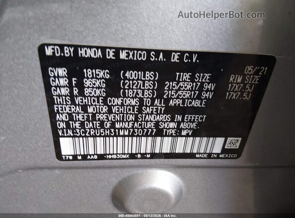 3CZRU5H31MM730777 2021 HONDA HR-V Silver Widok komory silnika