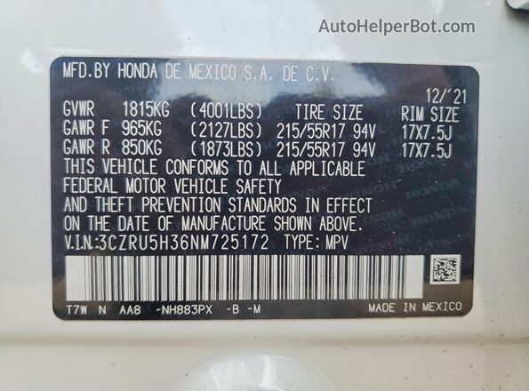 3CZRU5H36NM725172 2022 HONDA HR-V Белый Панорамный вид салона 360°