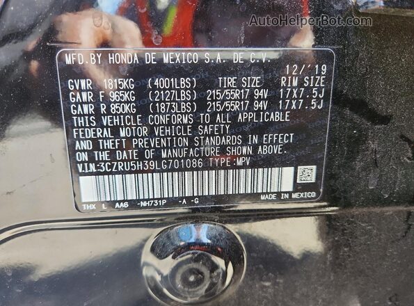 3CZRU5H39LG701086 2020 HONDA HR-V Черный Вид наклейки с VIN-кодом