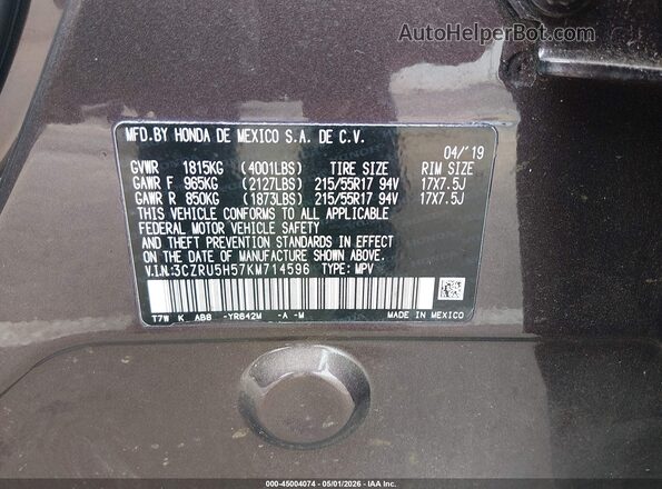 3CZRU5H57KM714596 2019 HONDA HR-V Темно-бордовый Вид подкапотного пространства