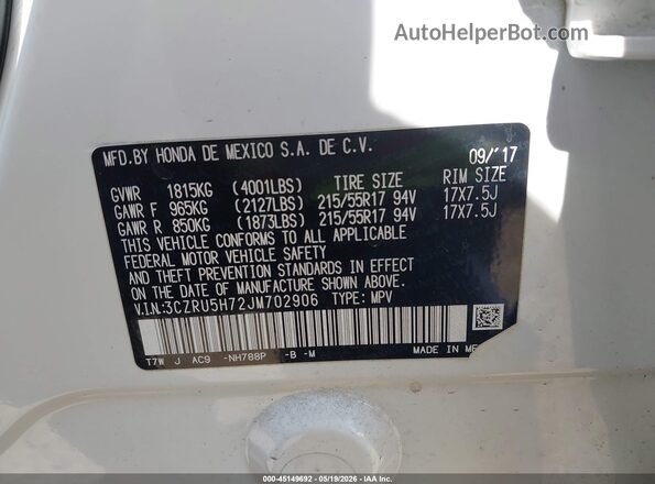 3CZRU5H72JM702906 2018 HONDA HR-V Белый Вид подкапотного пространства