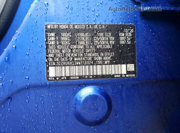 3CZRU6H13MM718974 2021 HONDA HR-V Blue Vista del compartimento del motor