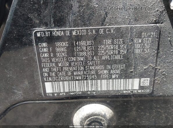 3CZRU6H19MM725945 2021 HONDA HR-V Black Вид підкапотного простору