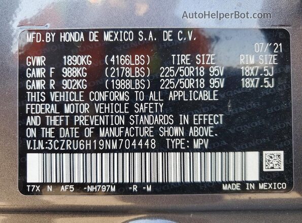 3CZRU6H19NM704448 2022 HONDA HR-V Gray Вид наклейки з VIN-кодом