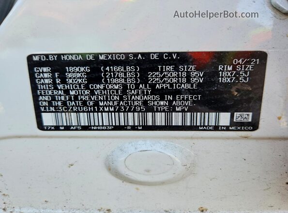 3CZRU6H1XMM737795 2021 HONDA HR-V White VIN կոդի պիտակի տեսք