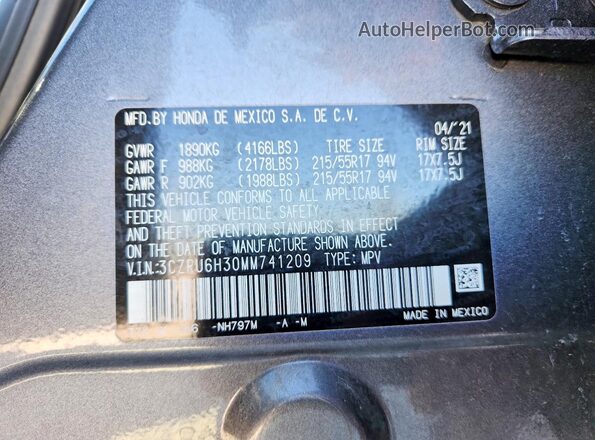 3CZRU6H30MM741209 2021 HONDA HR-V Gray 360 interior view
