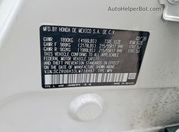 3CZRU6H33LM718487 2020 HONDA HR-V Белый Вид наклейки с VIN-кодом