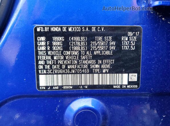 3CZRU6H36JM705469 2018 HONDA HR-V Синий Вид наклейки с VIN-кодом