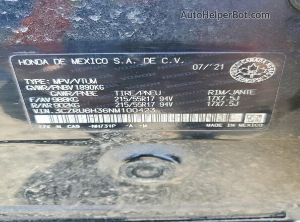 3CZRU6H36NM100423 2022 HONDA HR-V Black Widok naklejki z numerem VIN