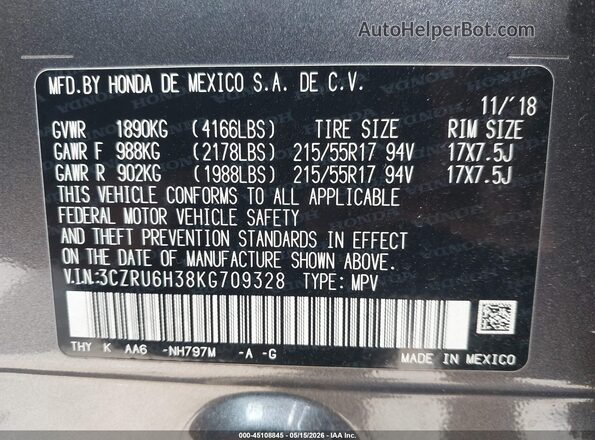 3CZRU6H38KG709328 2019 HONDA HR-V Gray Vista del compartimento del motor