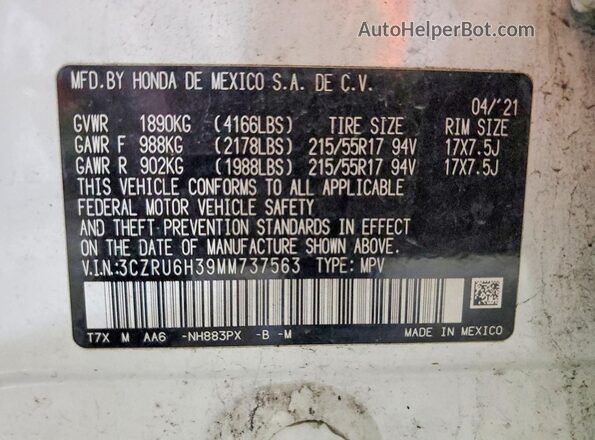3CZRU6H39MM737563 2021 HONDA HR-V White სალონის 360-გრადუსიანი ხედი