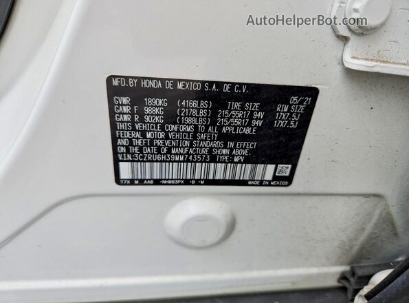 3CZRU6H39MM743573 2021 HONDA HR-V White Панорамний вид салону 360°