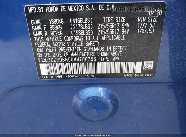 3CZRU6H50MM706753 2021 HONDA HR-V Blue Vista del compartimento del motor