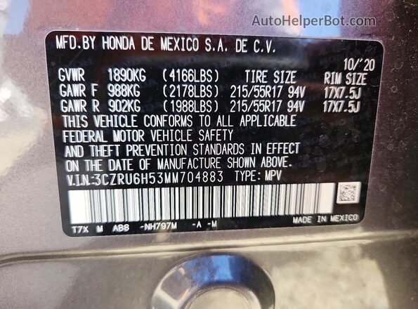 3CZRU6H53MM704883 2021 HONDA HR-V Charcoal VIN sticker view