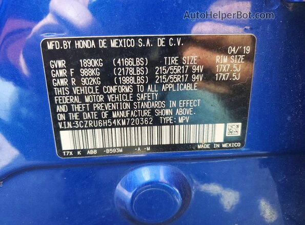 3CZRU6H54KM720362 2019 HONDA HR-V Blue VIN կոդի պիտակի տեսք