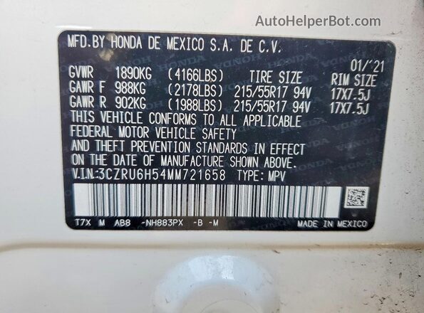 3CZRU6H54MM721658 2021 HONDA HR-V White Widok naklejki z numerem VIN