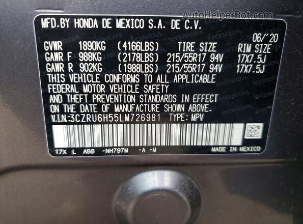 3CZRU6H55LM726981 2020 HONDA HR-V Угольный Вид наклейки с VIN-кодом