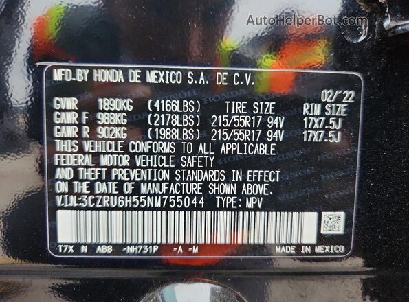 3CZRU6H55NM755044 2022 HONDA HR-V Черный Вид наклейки с VIN-кодом