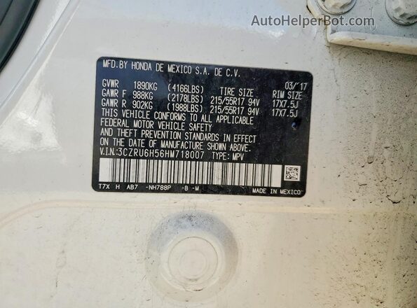 3CZRU6H56HM718007 2017 HONDA HR-V White Widok naklejki z numerem VIN