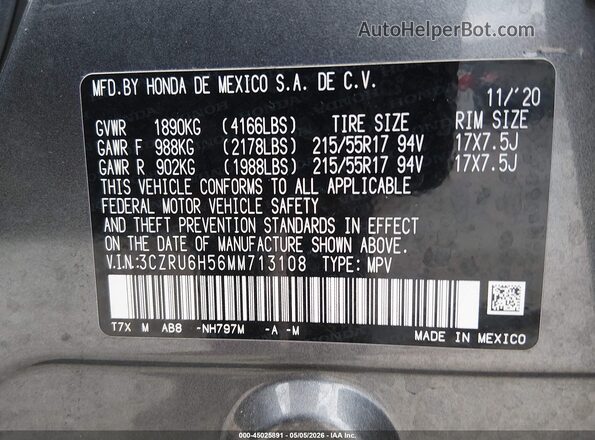 3CZRU6H56MM713108 2021 HONDA HR-V Серый Вид подкапотного пространства