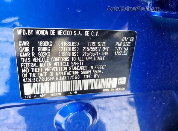 3CZRU6H58JM712568 2018 HONDA HR-V Синий Вид наклейки с VIN-кодом